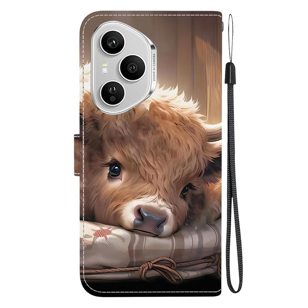 Для Honor 400 Pro 5G (Глобальный) Кожаный чехол-подставка-кошелек с принтом и ремешком на запястье