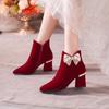 Fashion Women's Fashion Chunky Heel Short Boots Autumn New Pointy Suede Butterfly Knot Side Zipper Wedding Shoes
