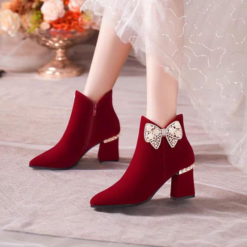 Fashion Women's Fashion Chunky Heel Short Boots Autumn New Pointy Suede Butterfly Knot Side Zipper Wedding Shoes