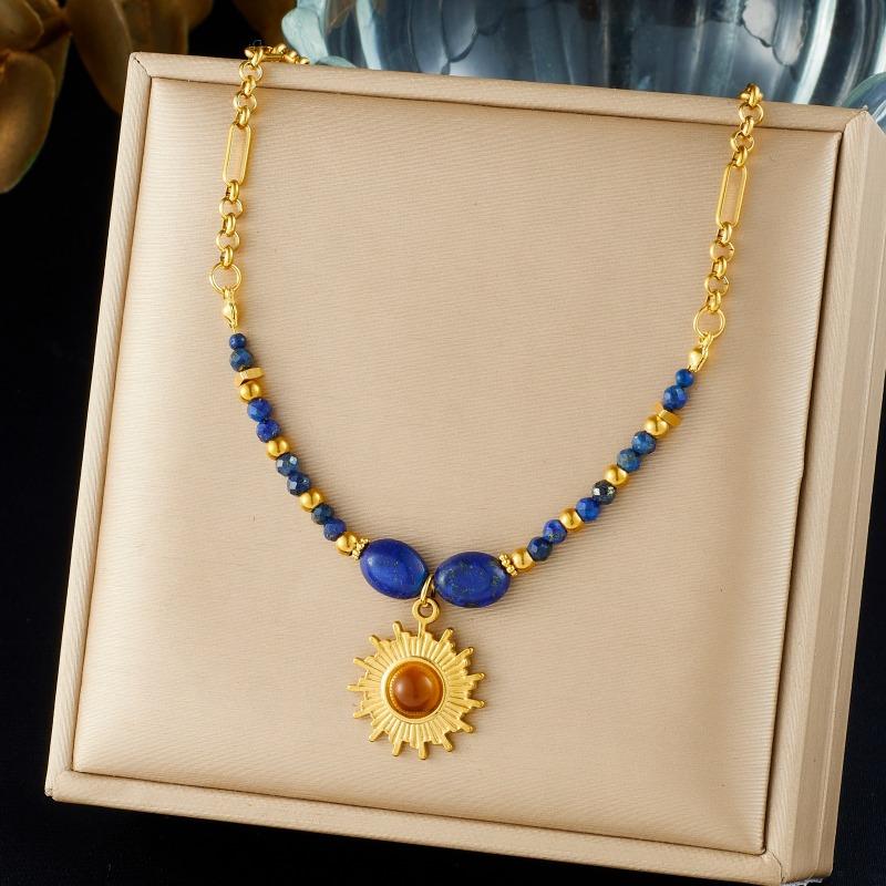 Gold Plated Stainless Steel Paperclip Chain Necklace with Lapis Lazuli BeadsSun Pendant for Women