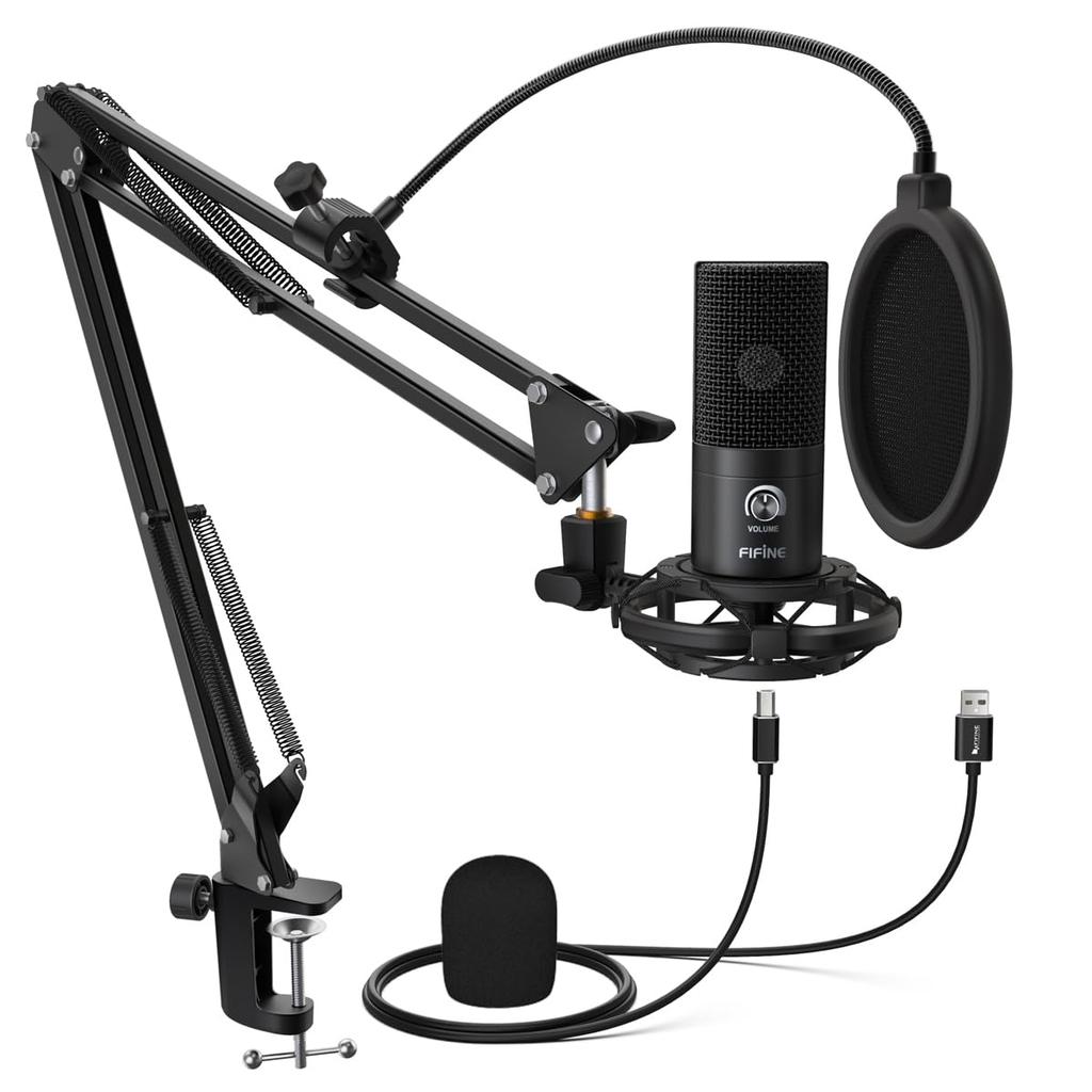 FIFINE USB Microphone Set, Condenser Microphone, Unidirectional, with Arm Stand (No Tripod Stand), Pop Filter, AB Type USB Cable, PC Microphone,