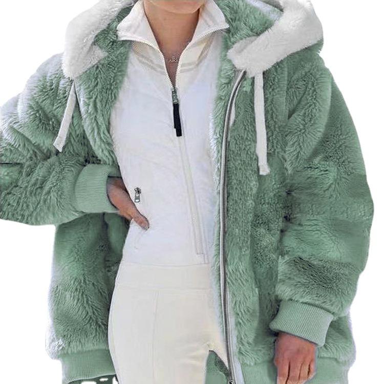 Europe and The United States 2022 Autumn and Winter Warm Plush and Zipper Pocket Hooded Loose Jacket Women Coat