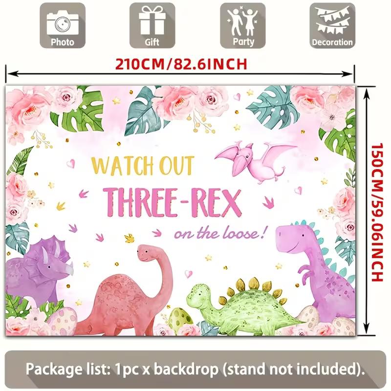 2D "Watch Out Three-Rex" Pink Watercolor Dinosaur 3rd Birthday Backdrop