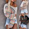 Women's Long Sleeve Causal Off Shoulder Knit Sweaters Colorful Stripes Oversized Pullover Tops