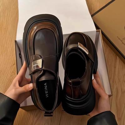 Платформа из бисквитной крошки маленькие кожаные туфли женская обувь новая осенняя черные на толстом каблуке ретро одинарные туфли