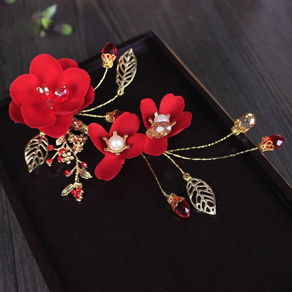 Bride Red Flower Pearl Chinese Hanfu Hair Clips Festival Hairpins Women Barrettes Duckbill Clips