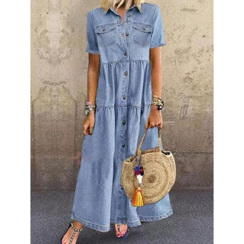 Women Summer Autumn Retro Button Denim Dress Female Outdoor Casual Vacation Maxi Dress Fashion Temperament Elegant Women's Clothing