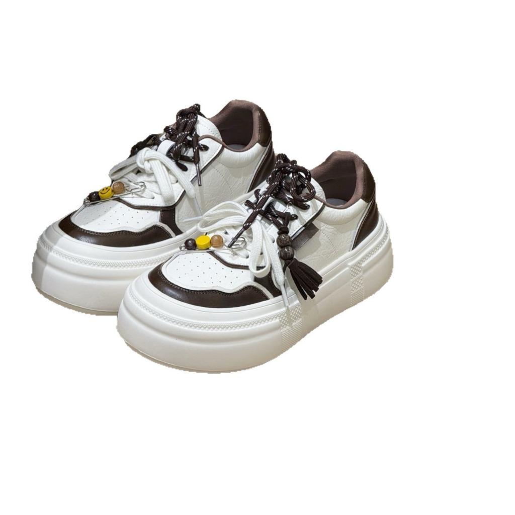 Платформа обувь на танкетке женская ins тренд 2025 ранняя осень новинка ретро цветовая блокировка увеличение роста кожаная повседневная спортивная обувь женская