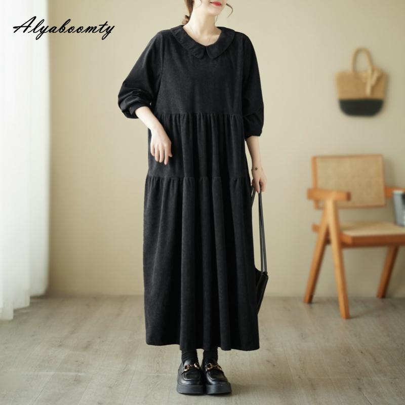Плюс размер осень-весна женское платье большого размера с воротником Питера Пэна черно-зеленое кофейное повседневное свободное платье винтажное вельветовое платье с длинным рукавом