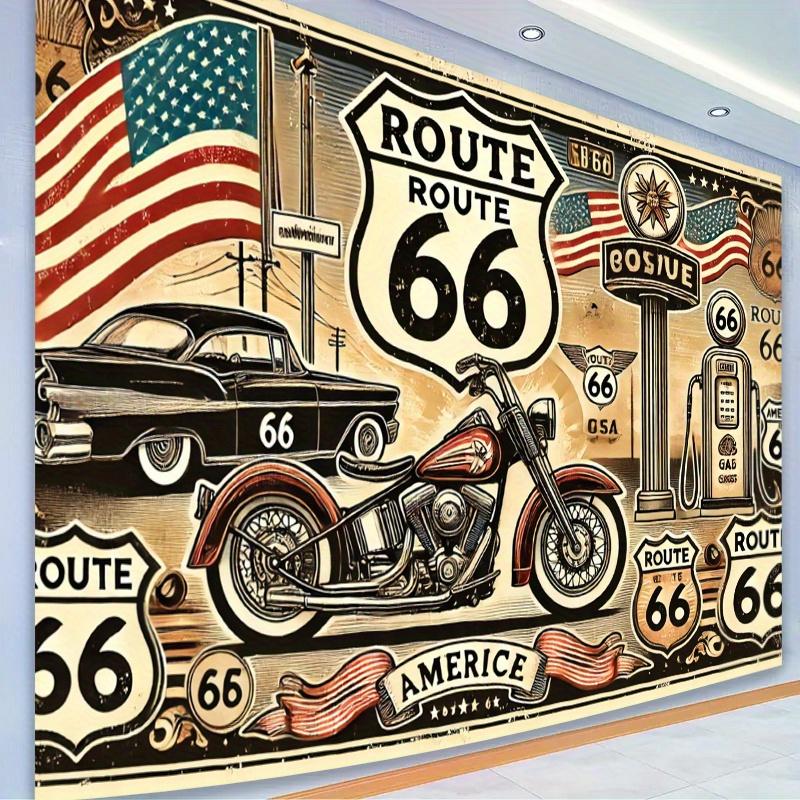 1pc Retro Route 66 Motorcycle Polyester Background Fabric - Retro American design, suitable for party decoration