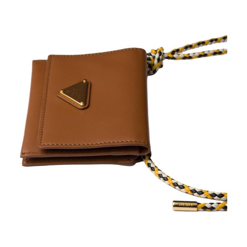 Prada Iconic triangular logo calfskin card holder, same style for men and women, cognac color