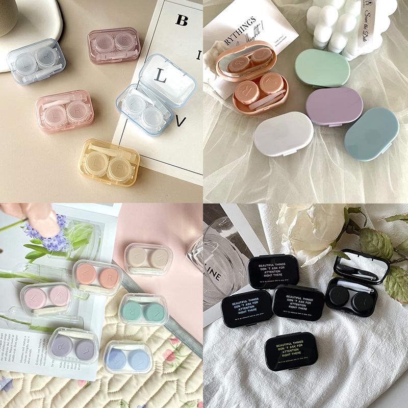 1Box Contact Lenses Case Simple Beauty Pupil Storage Box Women Travel Cosmetic Lens Container W/Suction Rod Tweezers Mirror