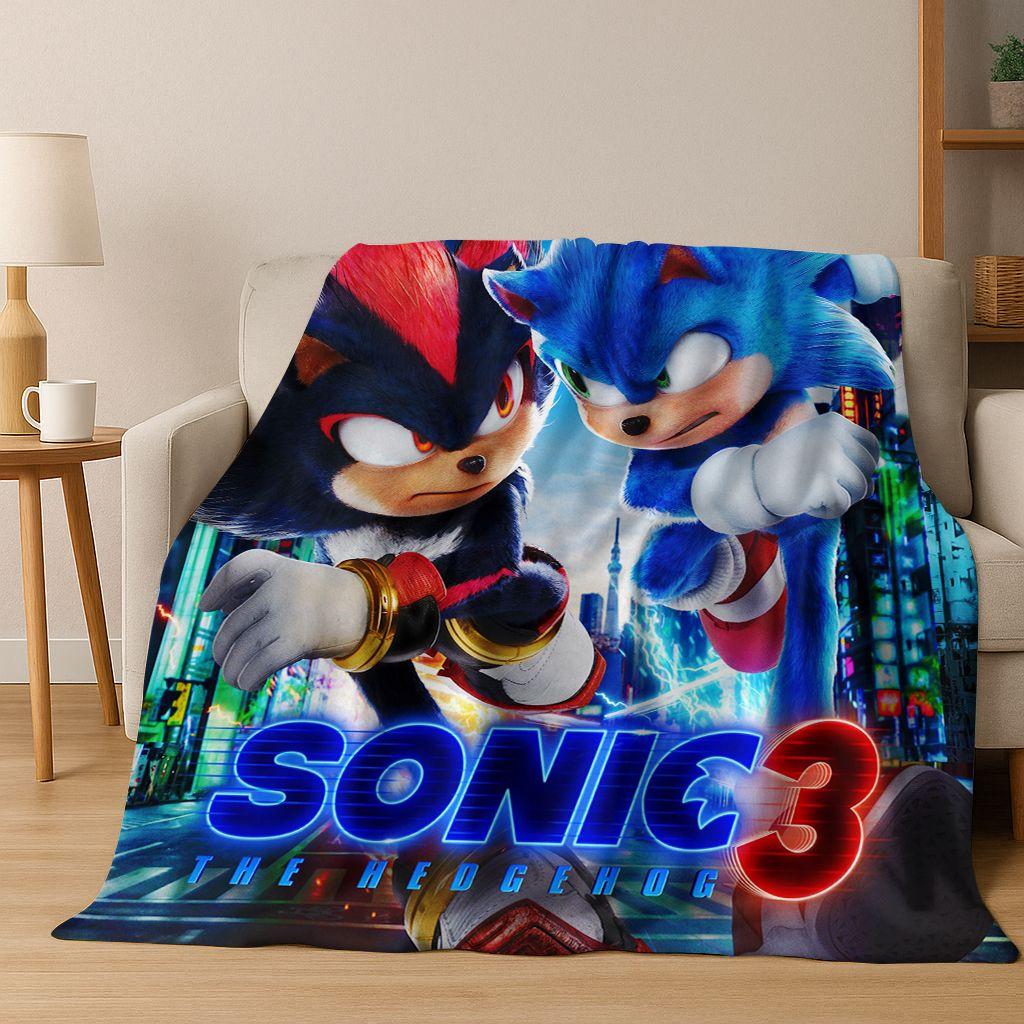 Classic S-Sonic Cartoon Game Flannel Blanket Soft Warm Throw Blanket for Bed Bedroom Living Room Travel Picnic Office Gift Kids