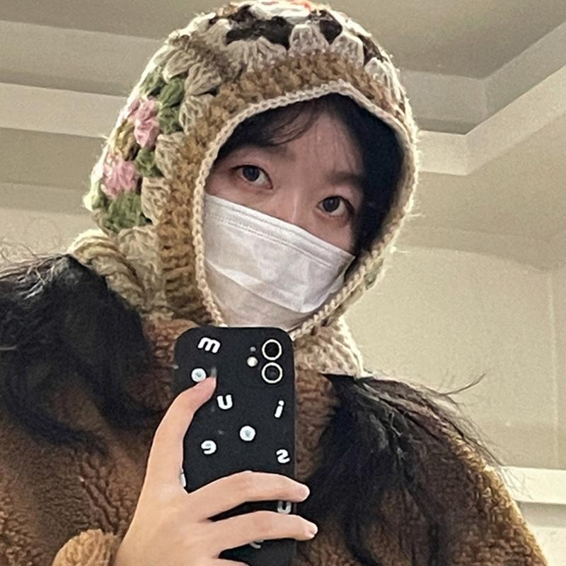 Вязаная балаклава с цветочным узором для студентов, взрослых, ветрозащитная зимняя шапка, шапка для защиты шеи, подростковая шапка для тепла, шапка для велоспорта