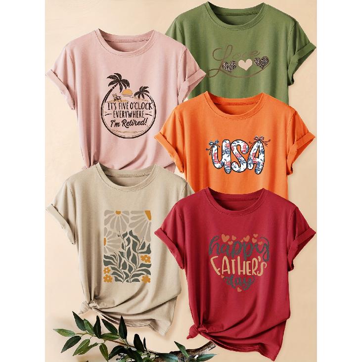 Five-piece set of women's short-sleeve shirts with letter and plant prints happy father day Coconut Tree Abstract Floral Print Round Neck Summer