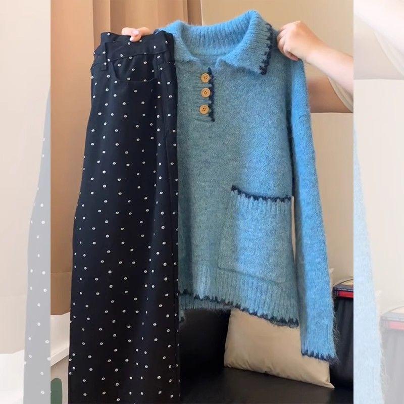 Ретро свитер с минималистичным сладким колор-блоком, кружевным воротником поло, ленивый, стройнящий, повседневный, универсальный трикотаж