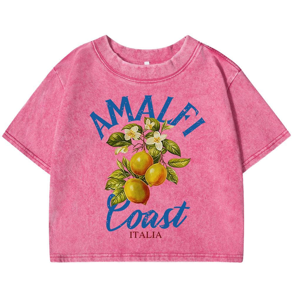 Amalfi Coast Lemon & Fruit Printing Women Washed Slim T Shirts Cotton Summer T-Shirt Retro Clothing Short Sleeve