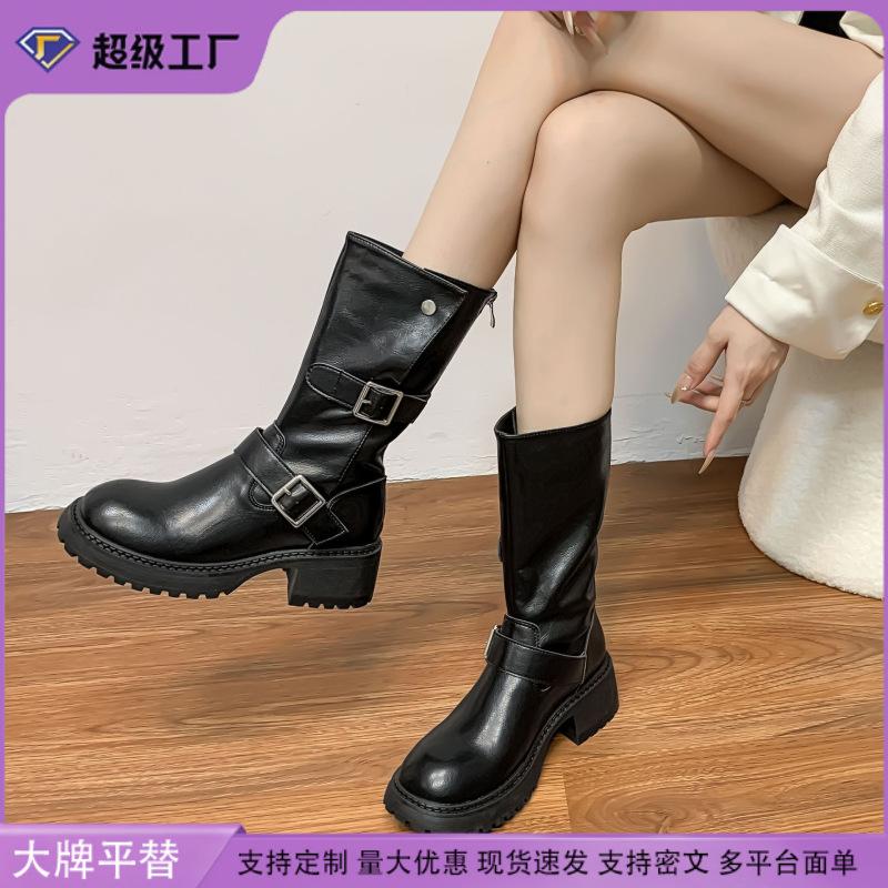 2025 зима новые сапоги-рыцари с длинным голенищем до колена на толстой подошве, сапоги крутые женские сапоги с ремешком с пряжкой, сапоги в стиле ретро, корейская версия
