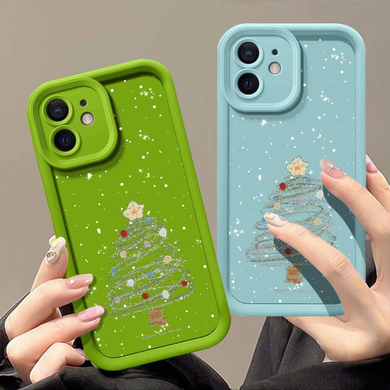 Конфетный цвет ТПУ мягкий чехол для iPhone 17 16 Pro 15 14 Plus 13 12 11 Pro Max Xs Xr 8 7 мультяшный узор рождественской елки противоударный чехол для защиты объектива