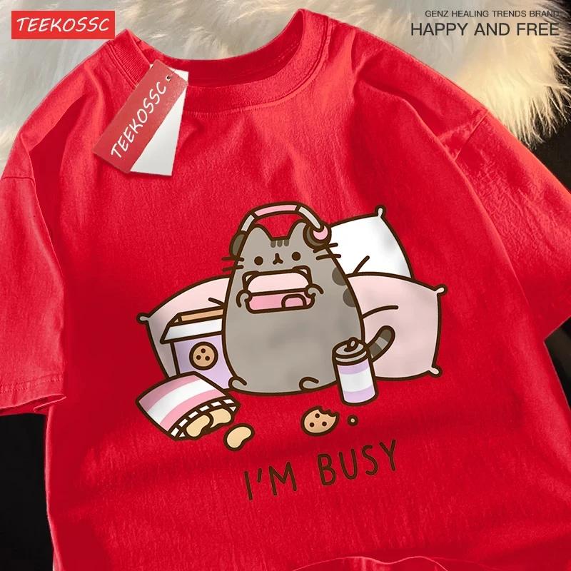 2025 Занятой кот играет в игры в наушниках Мужская футболка Высокое качество Брендовая одежда Свободные футболки Хлопковая футболка Топы Пара
