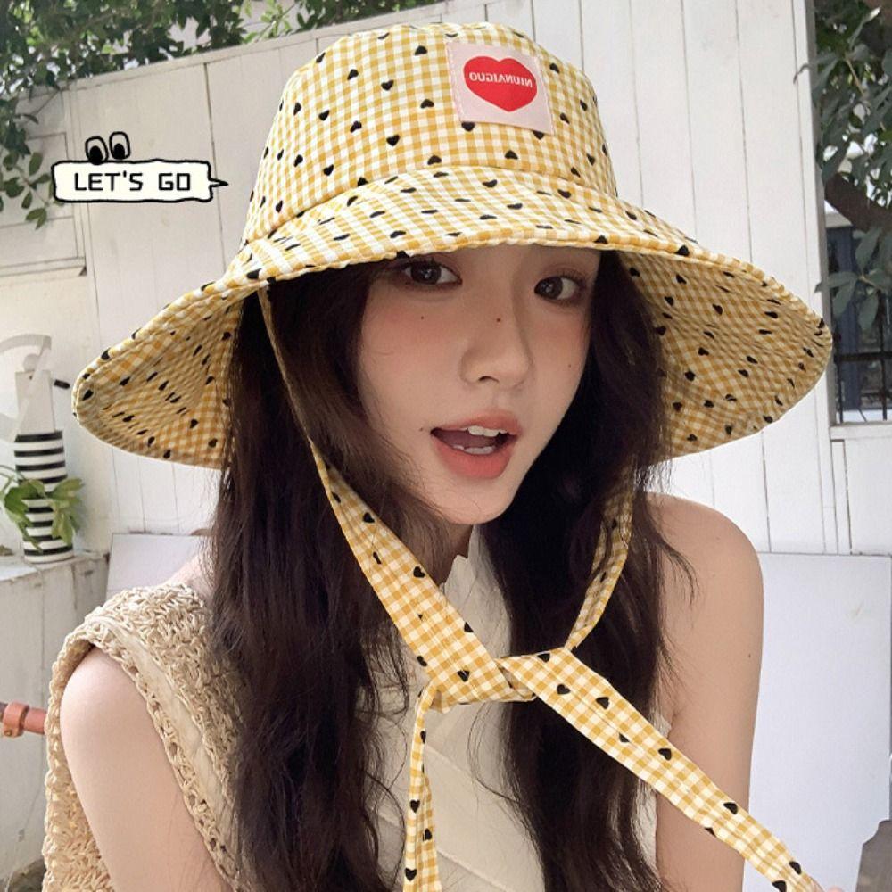 Lace Up Drawstring Sun Hat Small Lattice Heart Printed Bucket Hat Fashion Plaid Hiking Cap Outdoor