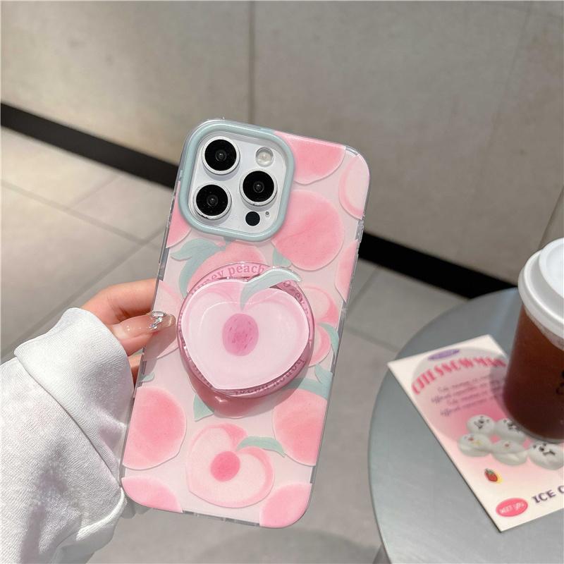 Summer Cute Peach Magnetic Stand Phone Case For iPhone 16 Pro 15 14 13 Pro Max Cover with Magsafe Holder Girp Shockproof Cases