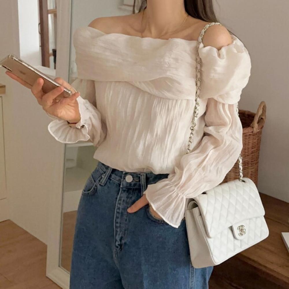 New Arrivals Open Run Off Shoulder Blouse Wave Sheer Top