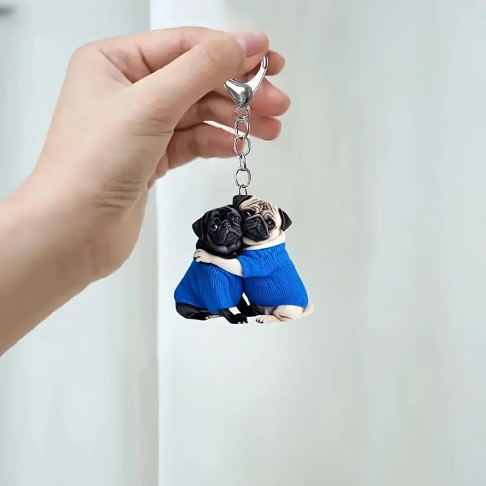 Hugging Pug Each Other Pendant Keychain,Puppy 2D Flat Acrylic Ornament Charm,Hanging Decoration for Car,Bags,Festive,Party,Gift