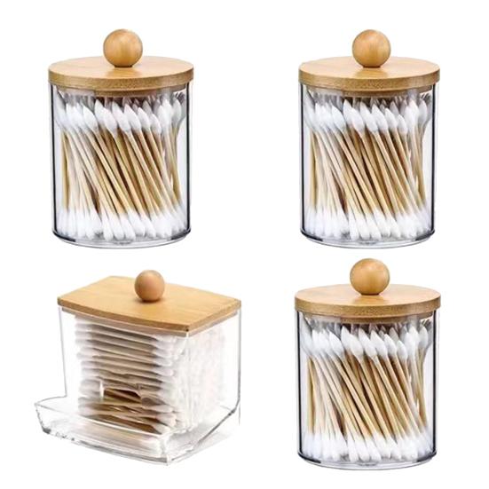 4 шт./набор, коробка для хранения ватных дисков с бамбуковой/пластиковой крышкой, круглая, прямоугольная, ватные палочки, ватные палочки, губка для макияжа, контейнер, держатель, диспенсер, органайзер