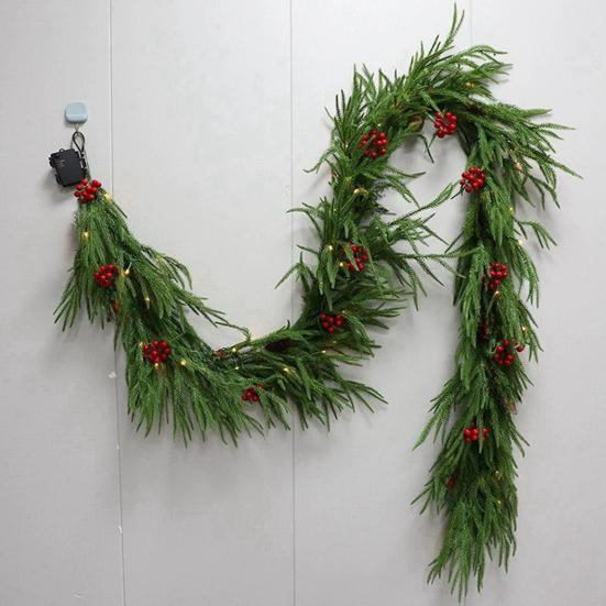 Pre-lit Artificial Christmas Garland with LED Lights Real Touch Winter Greenery Pine Garland with Red Berries for Table Mantle Fireplace Decor