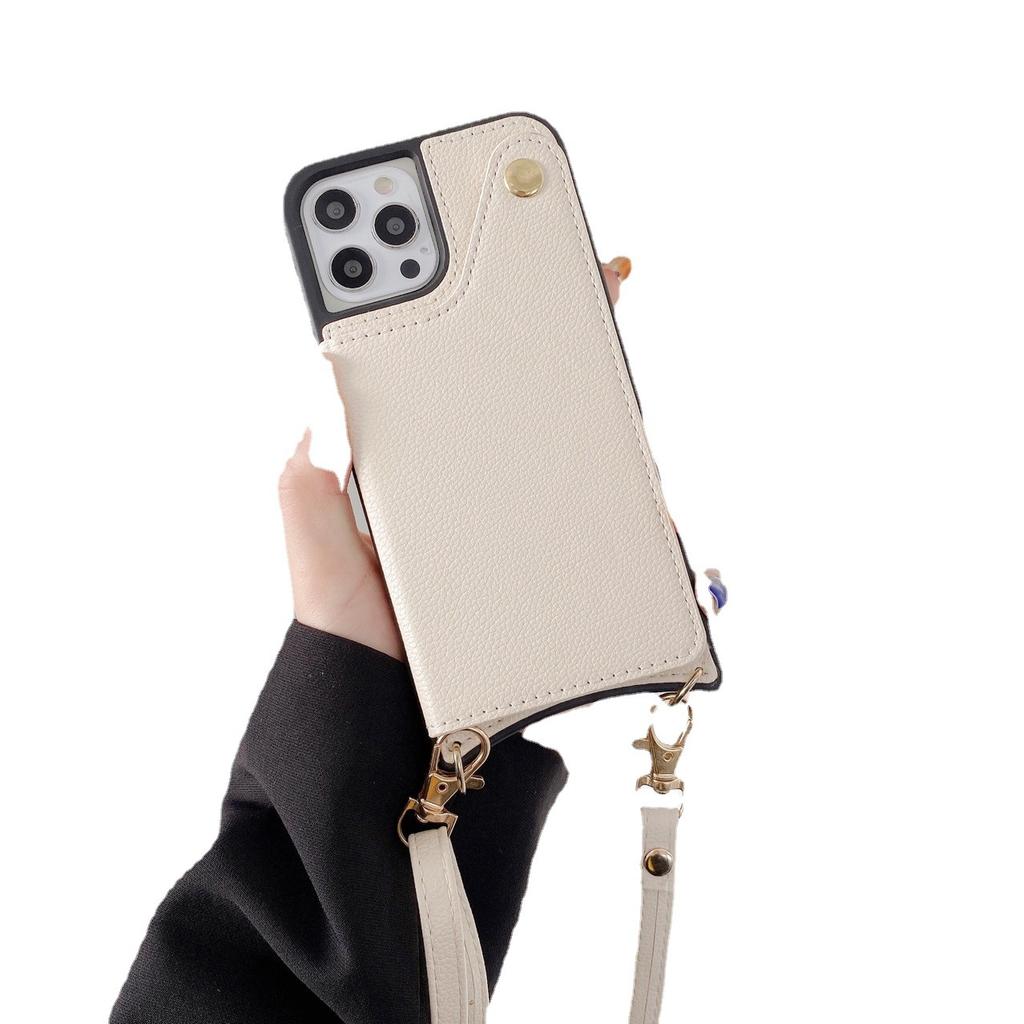 Применимо к чехлу для мобильного телефона iphone14pro, откидная крышка с косым ремешком, вставка для карты, кожаный чехол с зеркалом 14max, японский и корейский ремешок, защитный чехол