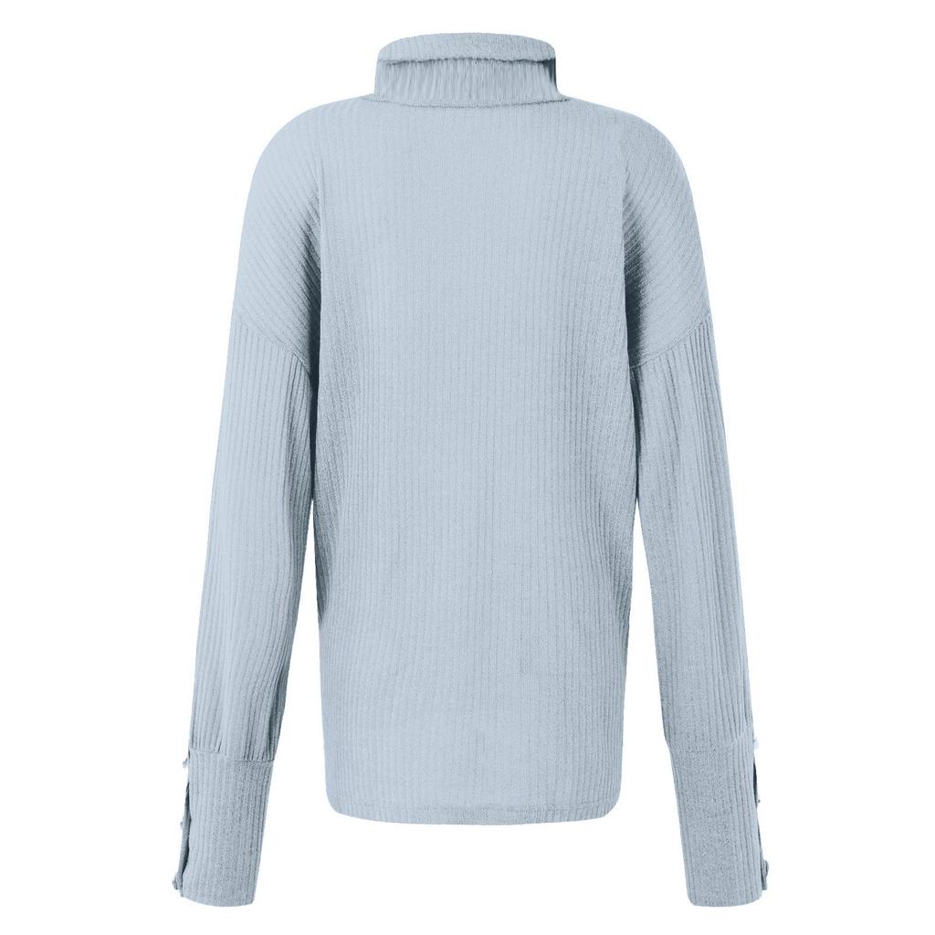 Women's Turtleneck Top Loose Pullover Button Up Long Sleeve Solid Color Knit Bottoming Shirt