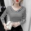 V-neck Long-sleeved T-shirt Women Spring and Autumn Striped Slim Slimming Net Red Super Fire Top