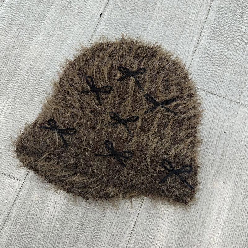 Универсальная для лица маленькая милая бантик вязаная теплая шапка на осень и зиму женская плюшевая шапка первая шапка