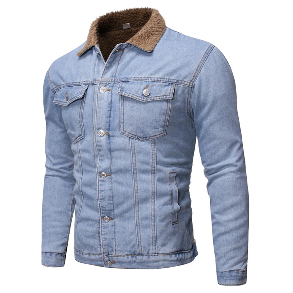 Men's  Winter Button Solid Plush Vintage Denim Jacket Tops Blouse Coat