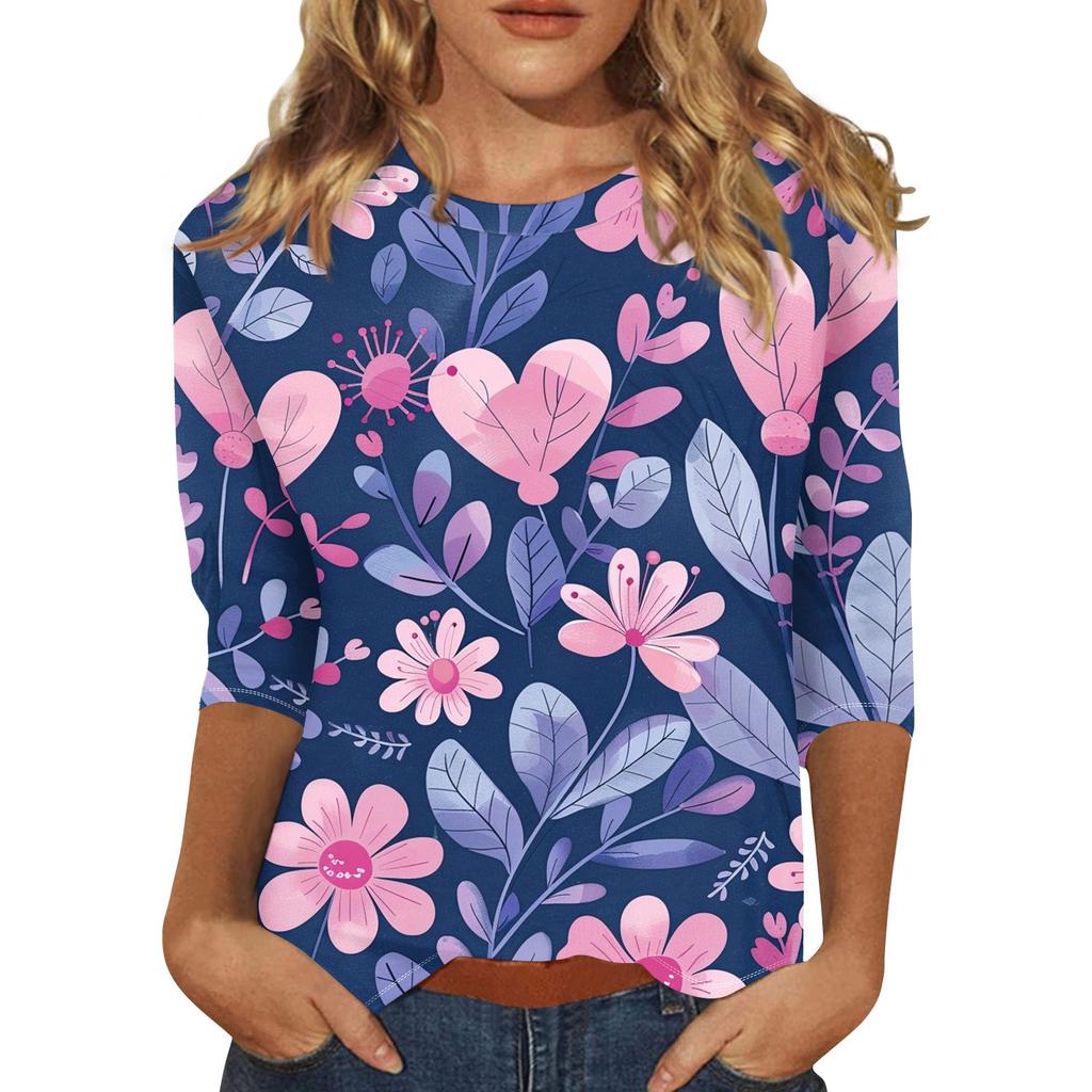 Женский топ с цветочным принтом, круглым вырезом и рукавами три четверти Футболка Футболка с рукавами три четверти