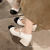 Xiaoxiangfeng thick heel color matching single shoes women's 2025 spring new light mouth one word with Mary Jane shoes square head small leather shoes