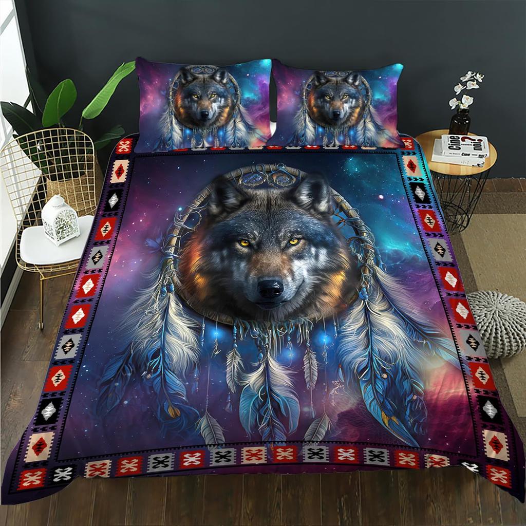 Purple Starry Night Galaxy Wolf Three-piece Quilt Cover 3D Digital Printing Bedding Set Bed Cover