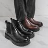Men’s Chelsea Thick Sole Platform Punk Black Leather Boots Brown Brogue Shoes Round Head Motorcycle Boots High Boots Plus Size
