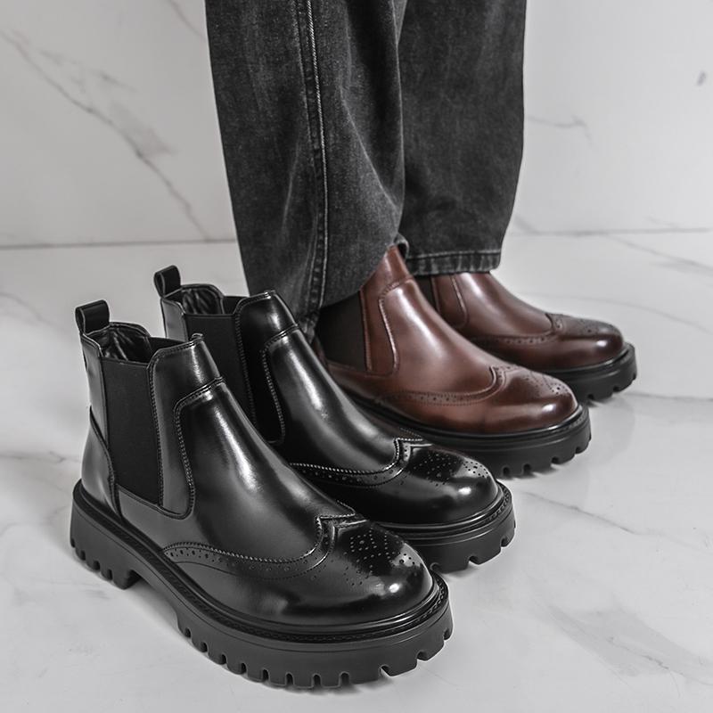 Men’s Chelsea Thick Sole Platform Punk Black Leather Boots Brown Brogue Shoes Round Head Motorcycle Boots High Boots Plus Size