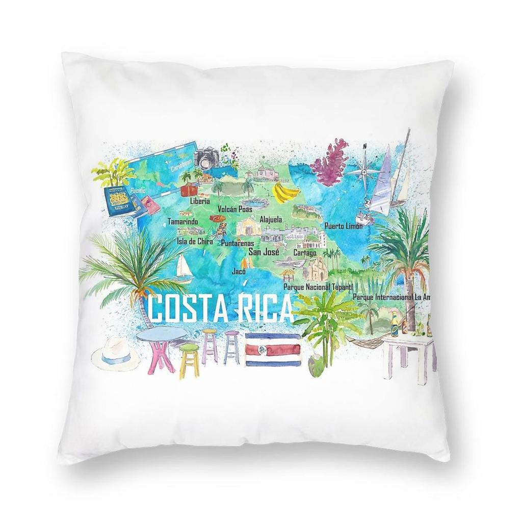Costa Rica Travel Map Roads Highlights Square Pillowcase Polyester Linen Velvet Pattern Zip Decorative Pillow Car Cushion Cover