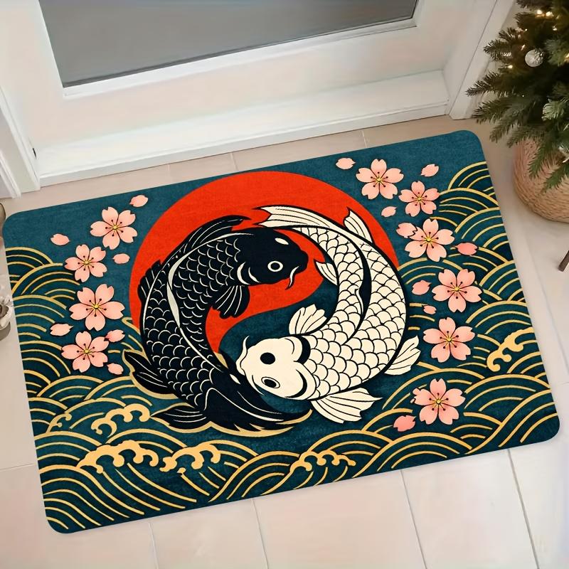 1pc Japanese Yin Yang Black And White Koi Cherry Blossom Sea Wave Red Sun Flannel Mat Entrance Door Hallway Bedroom Bathroom Non-Slip Water-Absorbing