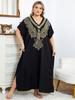 Vintage V-neck Gold Eagle Embroidery Plus Size Black Kaftan Robe Women's Long Dress Summer Holiday Beachwear Swimsuit Coverup Q1682