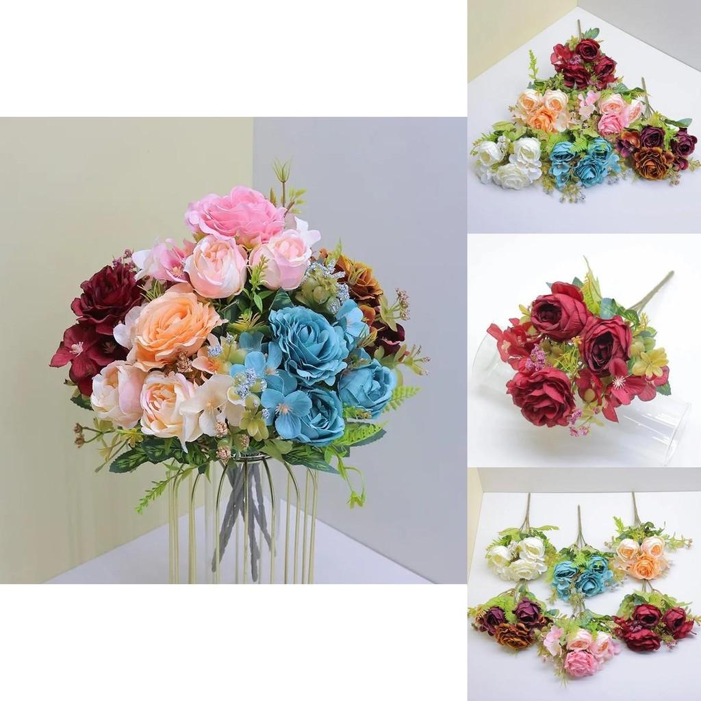 Винтажный европейский букет из искусственных цветов с шелковыми розами и гортензией макрофиллой для свадебного декора и домашнего стайлинга