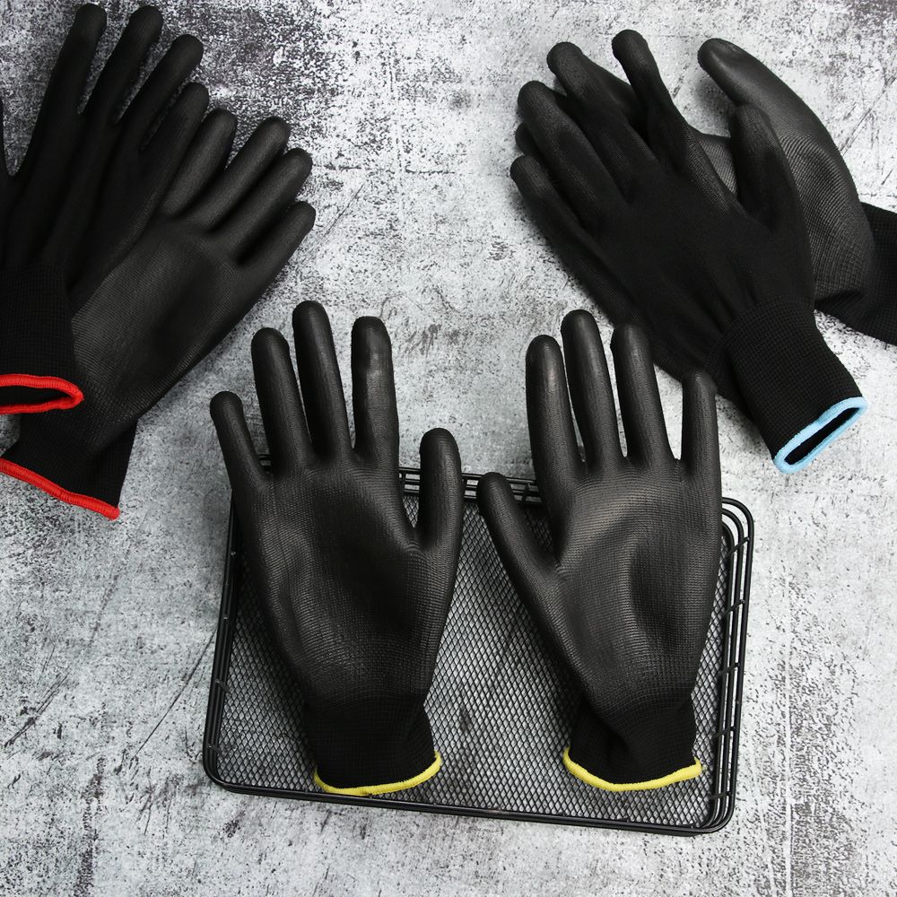 1/6 Pairs Non-slip PU Black Labor Protection Coated Polyurethane Work Gloves