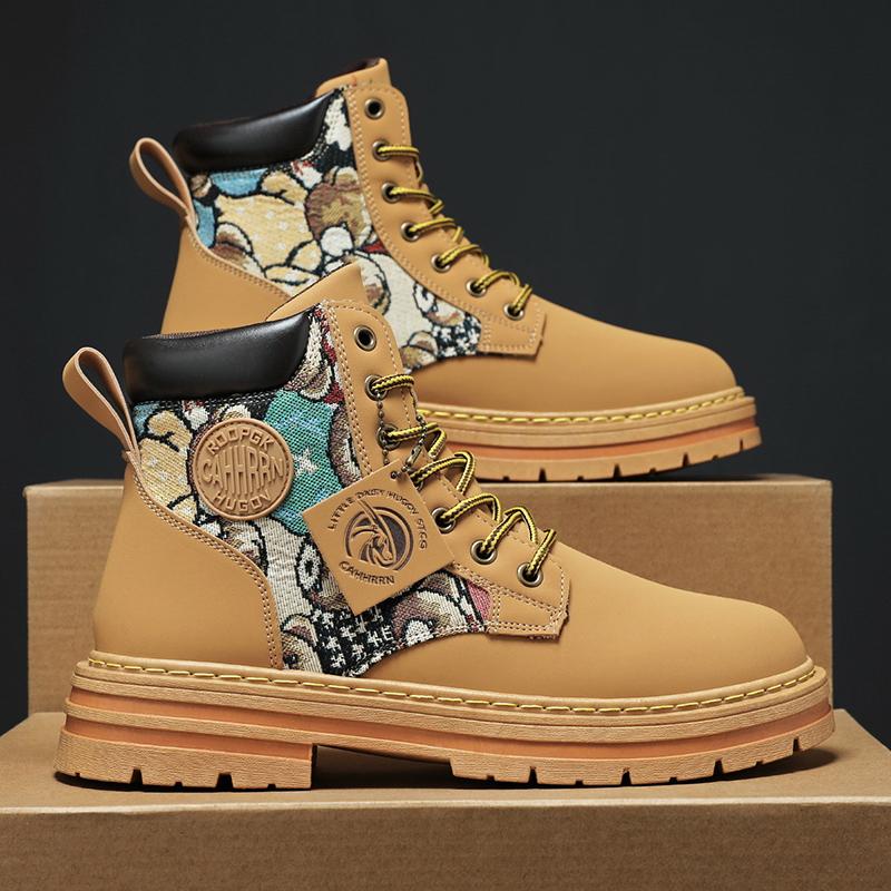 Мужские ботинки на платформе, осенние новые нескользящие рабочие ботинки, модные универсальные высокие мотоциклетные ботинки, повседневная обувь для походов на открытом воздухе 2024 г.