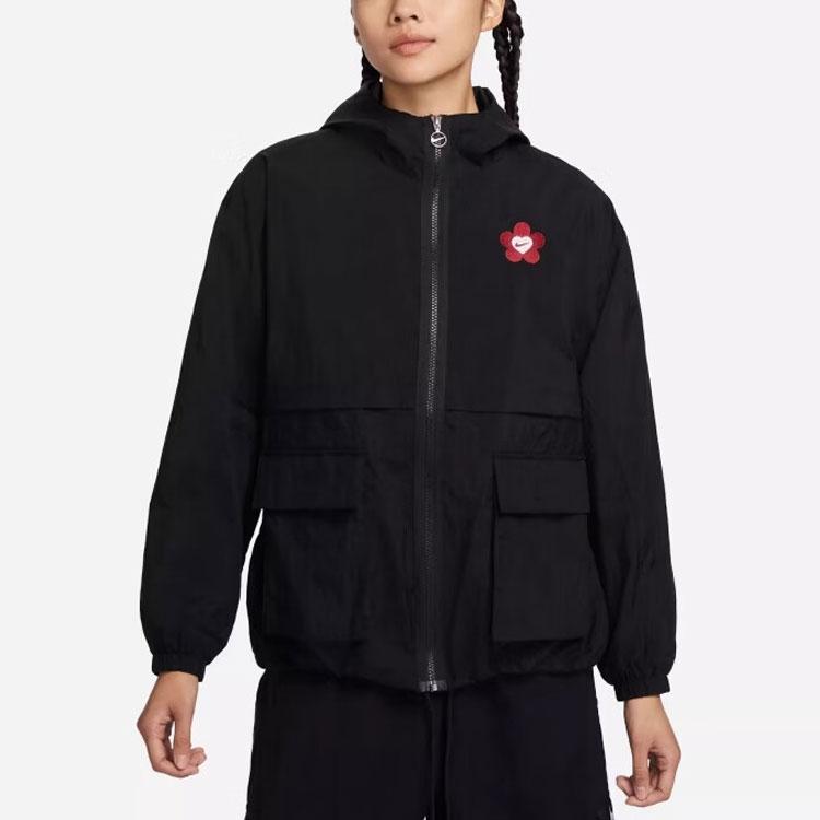 Nike Серия Дня святого Валентина с цветочной вышивкой и логотипом. Куртка с длинными рукавами и капюшоном. Женская верхняя одежда черного цвета HF1130-010.