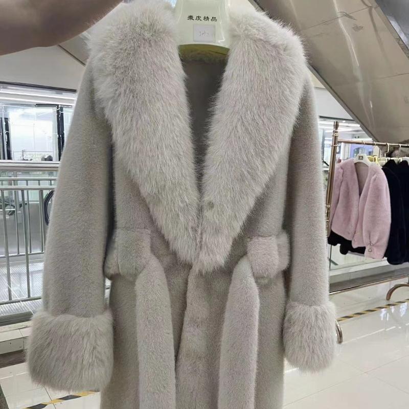 Slim Long Large Fur Collar Faux Fox Women Coat Winter Luxury Imitation Mink Fur Jacket Waist Belt Plush Furry Overcoat