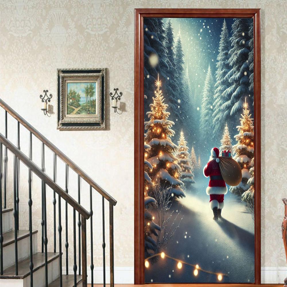Рождественский Дед Мороз ПВХ Самоклеящаяся Водонепроницаемая Наклейка на Дверь Современная Имитация Фреска Обои Гостиная Кабинет Домашний Декор Искусство Постер на Дверь