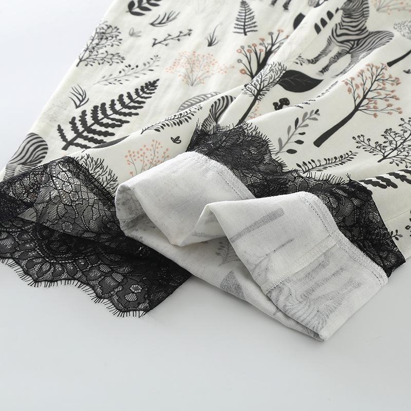 Простая двухслойная женская пижама из чистого хлопка с марлей, весна/осень, тонкая, с длинными рукавами, свободная домашняя одежда, черная пижама с принтом «зебра и лес»